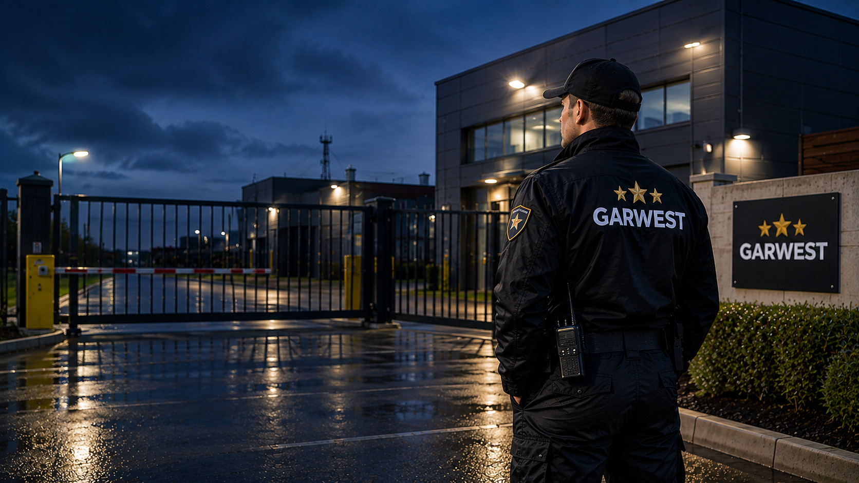 Agent de sécurité en uniforme devant l’entrée d’un immeuble